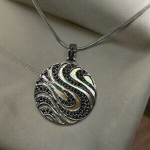Suspicion Sterling Silver Marcasite Mother of Pearl Necklace .925 Circle Pendant